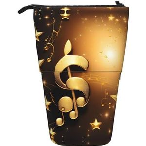 Gouden Muzikale Note Met Gevallen Glanzende Ster Print Potlood Telescopische Klassieke Kunsten Stand Up Potlood Case Organizer Potlood Houder Make-up Tas Gift, Zwart, Eén maat