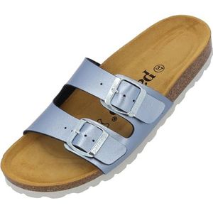 Palado Milos Metallic damesslippers, sandalen met riempjes, pantoffels met voetbed van natuurlijk kurk, comfortabele schoenen met zool van het fijnste suède, blauw metallic, 37 EU