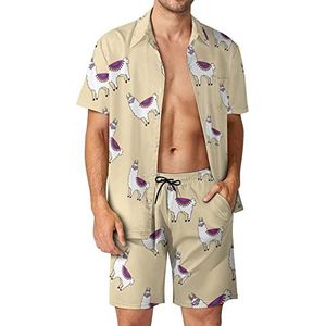 Grappige lama alpaca Hawaiiaanse bijpassende set voor heren, 2-delige outfits, button-down shirts en shorts voor strandvakantie