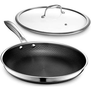 HexClad Hybride koekenpan met antiaanbaklaag van 30 cm met deksel van gehard glas, koel handvat, vaatwasser- en ovenbestendig, compatibel met alle kookplaten
