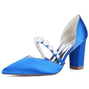 KYEGLO Dames Satijnen Puntige Neus Mode Dikke Hakken Met Parelbandje - Gesloten Neus Instapschoenen Voor Bruidsmeisjes Voor Feestelijke Bruiloften, Cadeaus Voor Vrouwen,Blauw,36 EU