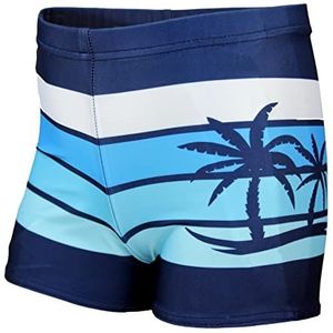 Aquarti Jongens Zwembroek Zwemboxer Gestreept met Motieven, Donkerblauw/blauw/palmen, 140