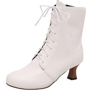 Traditionele Laarzen Met Hak Dames Enkellaarsjes In Grote Maten Retro Middeleeuwse Ankle Boots PU Leren Booties Hoge Hakken Met Bandjes Herfst-winter Enkelschoenen(White,43 EU)