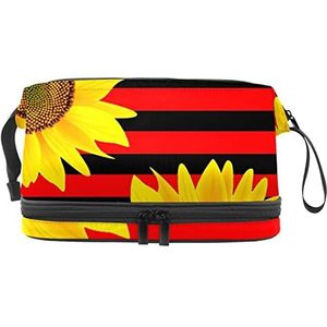 Grote capaciteit reizen cosmetische tas,Zonnebloem rode en zwarte streep, make-up tas, waterdichte make-up tas organisator, Meerkleurig, 27x15x14 cm/10.6x5.9x5.5 in