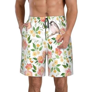 JIAWUJYNB Strandshorts voor heren, met bloemen- en vogelprint, lichtgewicht, sneldrogend, met trekkoord en zakken, Wit, XL