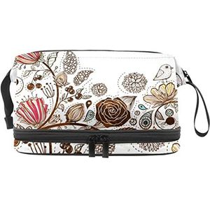 Grote capaciteit reizen cosmetische tas,Abstracte bloemen vogels,Make-up tas,Waterdichte make-up tas organisator, Meerkleurig, 27x15x14 cm/10.6x5.9x5.5 in