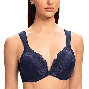 MELENECA Dames beha voorsluiting grote maten met beugel kant zonder vulling beha Blauw 90D
