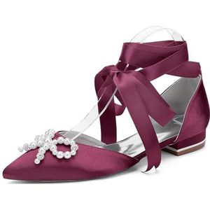 KYEGLO Gesloten Teen Satijnen Platte Schoenen Voor Dames, Strass Steentjes Slip-On Sandalen, Puntige Teen Bruidsschoenen Met Parelstrik Voor Dagelijks Gebruik, Feestjes En Bruiloften,Burgundy,36