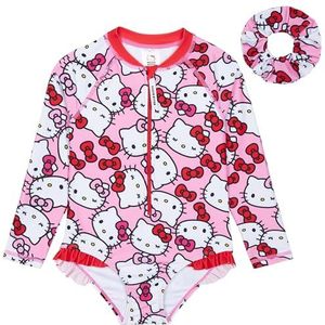Hello Kitty Badpak voor meisjes, kawaii-badpak met lange mouwen en haarscrunchie, eendelig voor kinderen, tieners, badmode voor zwembad, strand, vakantie, essentials, roze, 7-8 jaar