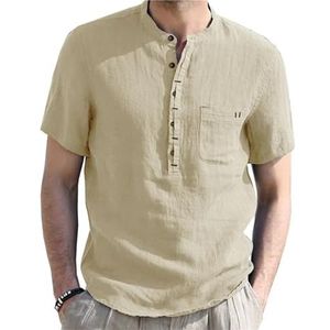 Herenshirt met korte mouwen, casual pasvorm, linnen overhemd met korte mouwen, lichtgewicht, ademend, effen kleur, zomer T-shirt met ronde hals voor vrije tijd, Kaki, XXL