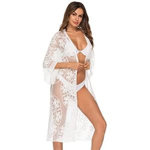 Leisofter Dames crochet kimono cardigan bikini cover up, zomer losse lange boho bikini cover-up, lichte vrouwen strandkleding bedekken, strandjurken, Bloem-wit, Eén maat