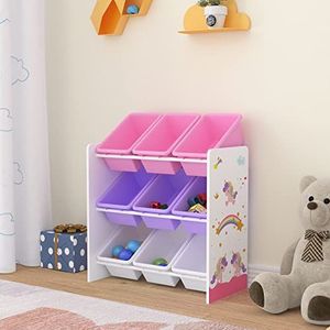 [en.casa] Kinderrek Muxía met 9 opbergdozen speelgoedkast eenhoornmotief wit lila roze kinderkamer
