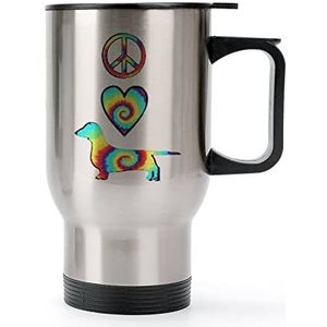 Peace Love Teckels Tie Dye Travel koffiemok met handvat en deksel roestvrij staal autobeker dubbelwandige koffiemokken