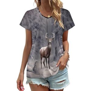 Winter Wildlife Elk Hert Dames V-hals T-shirts Leuke Grafische Korte Mouw Casual Tee Tops L