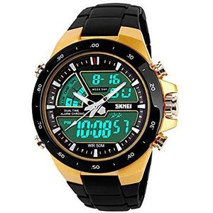 Heren Digitaal sport horloge casual analoog quartz dubbele tijdzone, waterdicht, met alarm EL Back Light Klassiek ontwerp horloge - goud/zwart