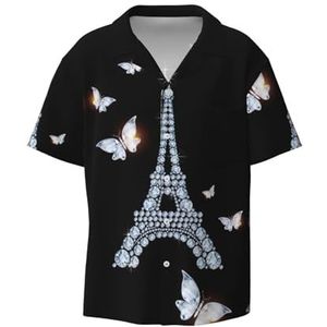Eiffeltoren Print Heren Korte Mouw Button Down Shirts Casual Losse Fit Zomer Strand Shirts Heren Overhemden, Zwart, XXL