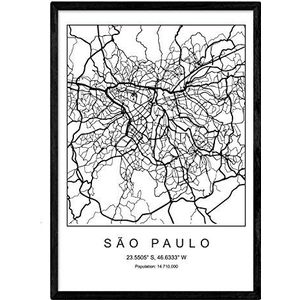 Stadskaart afdrukken Sao Paulo Scandinavische stijl in zwart en wit. Posterframe A4 bedrukt papier nr. 250 gr. Schilderijen, prints en posters voor woonkamer en slaapkamer