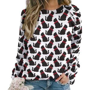 Zwarte kat patroon nieuwigheid sweatshirt voor vrouwen ronde hals top lange mouw trui casual grappig
