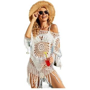 Bikini Cover-ups bikini cover ups dames lange mouw haak uitgehold kwastje strandjurk doorzichtig sexy strandkleding cover-ups vrouwelijke effen kleur (kleur: wit, maat: L)