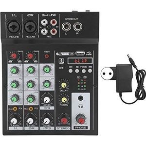 4-kanaals audiomixer, compacte mixer Digitale audiomixer BT MP3 USB-ingang + 48V fantoomvoeding, voor muziekopname/DJ/webcasting/karaoke(Europese stekker)