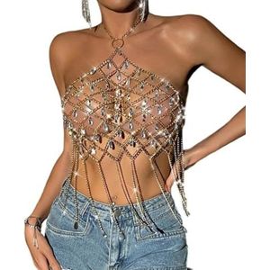 CakfLjkhl Womens holle Rhinestone Tank Tops Boho Crystal kwast strand beha Body Chain Party sieraden,Goud,L