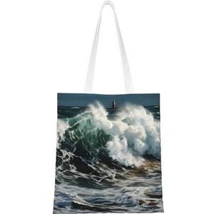 VTCTOASY The Sea Waves canvas draagtassen met print, lichtgewicht schoudertas, herbruikbare boodschappentas, handtassen voor dames en heren, zwart, één maat, Zwart, One Size