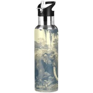 Artistieke Thailand Olifant Dier Sport Water Fles met Stro Thermos Rvs Dubbelwandige Geïsoleerde Vacuüm Cup 600ML Thee