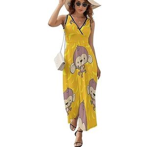 Banaan en apen casual maxi-jurk voor dames, V-hals, zomerjurk, mouwloos, strandjurk, L