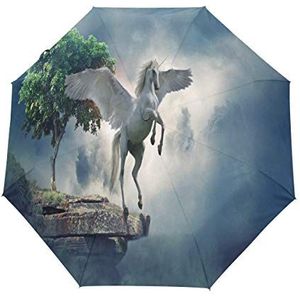 Witte Paard Eenhoorn Automatische Opvouwbare Paraplu UV-bescherming Auto Open Sluiten Winddicht Zonneblokkering voor Reizen Strand Vrouwen Kinderen