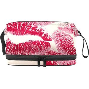Dubbele Laag Cosmetische Tas Rode Lippen Draagbare Make-up Tas Reizen Organizer Pouch Voor Vrouwen Meisjes Toiletries Tassen, Meerkleurig, 27x15x14 cm/10.6x5.9x5.5 in, Make-up zakje