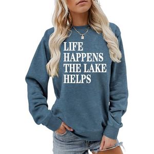 MLZHAN Life Happens The Lake helpt afdrukken vrouwen sweatshirt lange mouw mode sweatshirts ademende losse pasvorm truien, Blauw 2, S