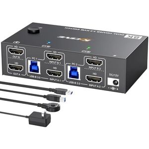 8K HDMI KVM Switch 2 PC 2 Monitoren 8K@60Hz 4K@144Hz, MLEEDA USB 3.0 Dual Monitor KVM Switch met 4 USB 3.0 Poorten Voor Toetsenbord Muisprinter, met Desktopcontroller, 12V Voeding en 2*USB Kabel