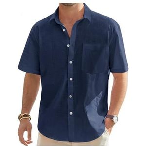 Heren Overhemd Met Korte Mouwen, Button-down, Normale Pasvorm, Casual Overhemden, Zomerstrandlinnen Overhemd heren t-shirt(Navy blue,XL)