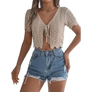LoprNsdgt Dames Vest Met Korte Mouwen Truien Trendy Ruches Gebreide Cover Up Strandvakantie,Khaki,L
