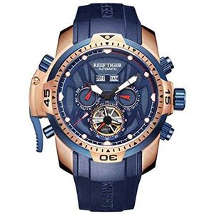 REEF TIGER Militaire Horloges voor Mannen Rose Goud Ingewikkelde Blauwe Dial Automatisch Sport Horloge RGA3532, Rga3532-plbr, riem