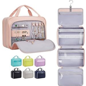 OlarHike Toilettas voor dames en heren, waterdichte make-up sieraden reizen toilettas lederen hangende tassen, organizer voor benodigdheden, roze, Large, Toilettas met sieradenvak