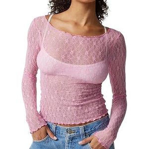 Vrouwen Y2k Sheer Crop Top Met Ronde Hals Perspectief Kant Mesh T-shirt Golvend Transparant Kort Laag Uitgesneden Slim Fit(Color:Pink,Size:L)