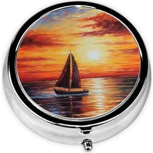 Pillendoosje met spiegel, retro pillendoosje met 3 vakken, zonsondergang, zeilboot, kleine pillenorganizer voor portemonnee of zak, decoratieve metalen medicijnen, vitamine-organizer, unieke