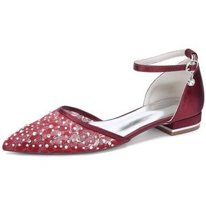 KYEGLO Puntige Satijnen Ballerina's Voor Dames, Instap Sandalen Met Strass Steentjes, Gesloten Bruidsschoenen Voor Dagelijks Gebruik, Feestjes En Bruiloften,Burgundy,36
