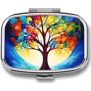 Boom Pillendoos Kleine Metalen Pil Case voor Portemonnee & Pocket 2 Compartiment Pillen Organizer met Spiegel Reizen Pillendoos Medicijnkoffer Draagbare Pillencontainer Uniek Gift