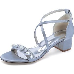 KYEGLO Ronde Neus, Dikke Hakken Met Parels En Strass-Steentjes, Satijnen Bruidsschoenen Met Open Teen Voor Bruiloften, Met Gesp En Enkelbandje, Perfect Voor Avondfeesten,Zilver,36