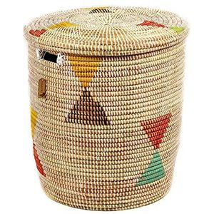 YAADU XL Wasmand met deksel, 50 liter, gevlochten, Afrikaanse mand, wasverzamelaar met deksel, opbergmand voor speelgoed en dekens, mand met handvat, model Shaka (wit-kleurrijk-driehoek)