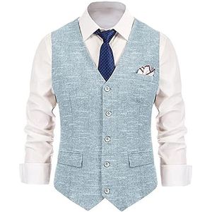 Heren Pak Vest V-hals Gestreepte Linnen Soild Silm Formele Bruiloft Casual Vest voor Heren Lichtblauw XL