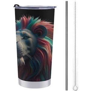 LHDGSJE Abstracte 3D Kunst Leeuw Geïsoleerde Tumbler Herbruikbare Roestvrijstalen Mok Reizen Koffiemok Lekvrij Grote Capaciteit Auto Cup Geïsoleerde Waterfles Past in Auto Bekerhouder