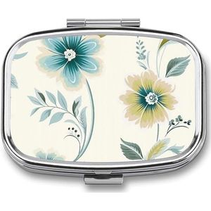 Blauwe en groene bloemen bedrukte draagbare pillencontainer reizen pillengevallen met spiegel 2 compartimenten geneeskunde doos decoratieve metalen medicijnen voor zak portemonnee reizen dagelijks