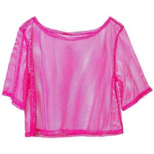 Fukamou Visnettopje,Neonvisnettopje,Visnet korte mouw | Dames casual sexy jaren 80-kostuums, visnet crop top, visnet neon off-shoulder T-shirt