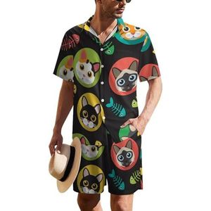 Katten en visgraat Hawaïaans pak voor heren, set van 2 stuks, strandoutfit, shirt en korte broek, bijpassende set