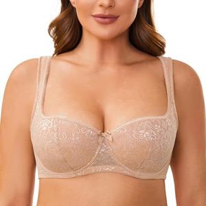 MELENECA Dames gewatteerde band half cup beugel sexy kanten balconette bh Beige 70E