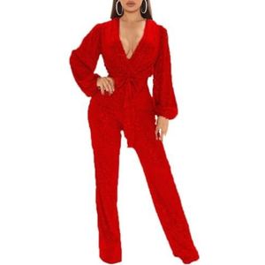 LoprNsdgt Clubwear Sexy Jumpsuit Voor Dames Met Strik Aan De Voorkant, Lange Mouwen, Pailletten, Effen, Wijde Broekspijpen Romper,Rood,L