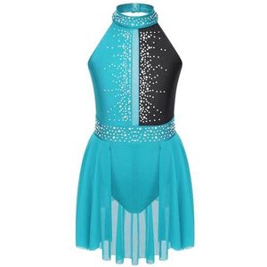 LNNXSZ Dames mouwloos lyrisch danskostuum kinderen meisjes kunstschaatsen gymnastiek turnpakje jurk halter mouwloze holle rug ballet tutu strass lyrische dansjurk, Groen Zwart, 40 NL